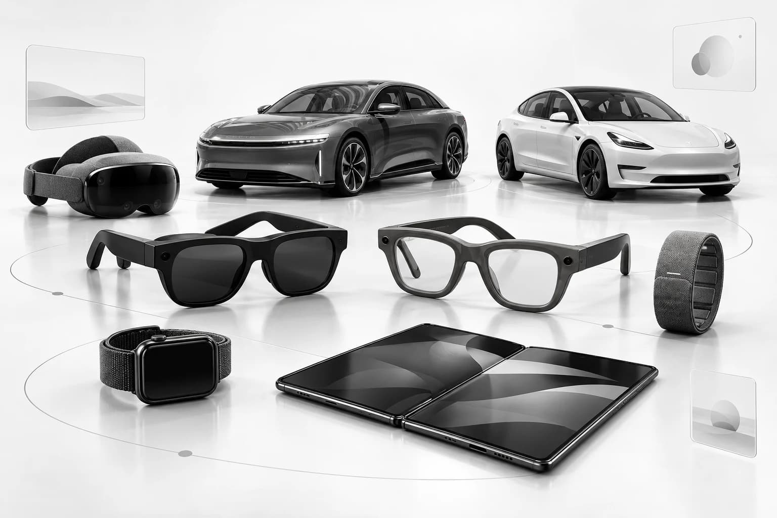Original realistic device illustration informed by XREAL and Meta glasses, complete Lucid Air and Tesla Model 3 vehicle shapes, a headset, a smartwatch, and a foldable tablet.
