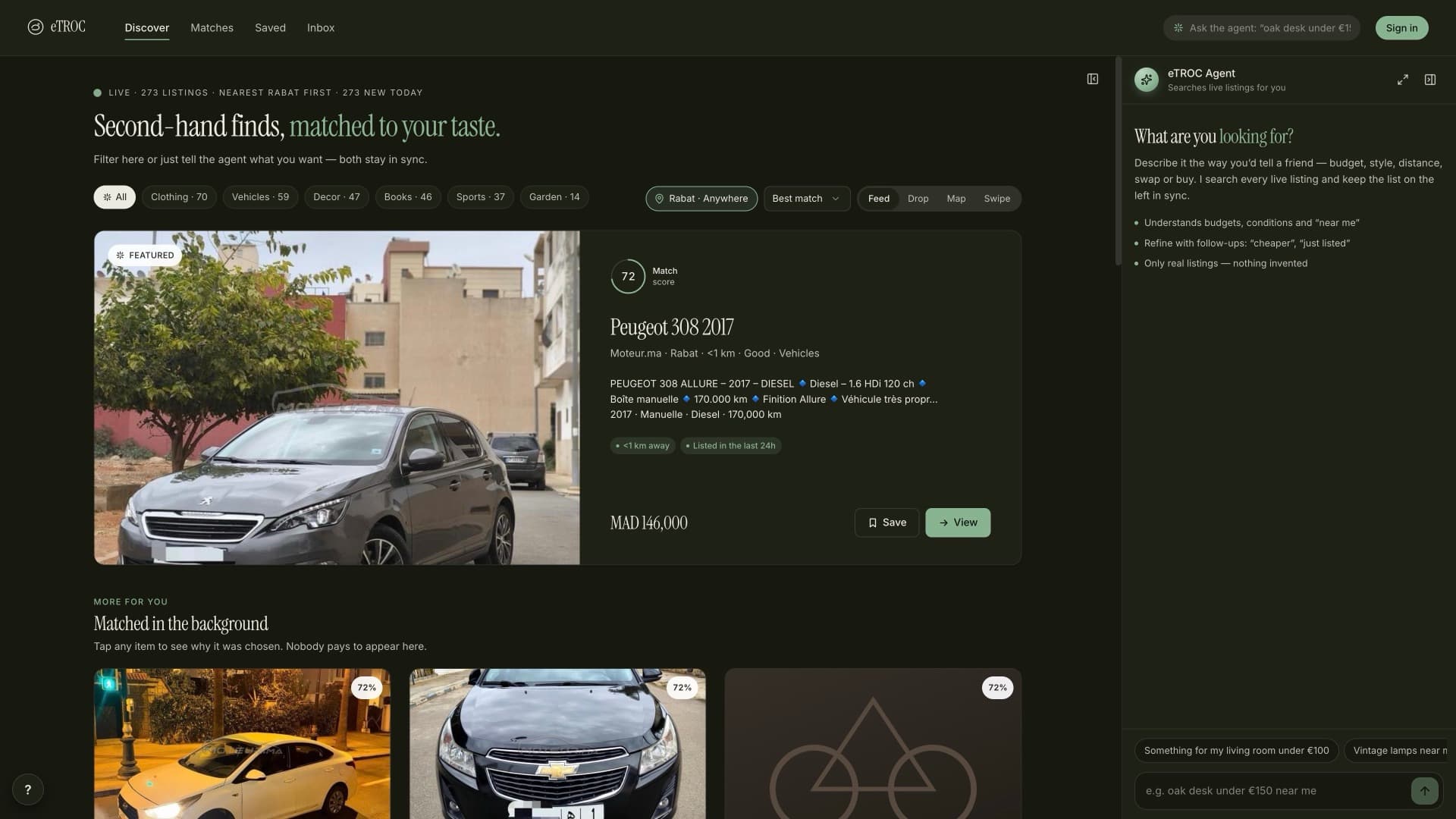 eTROC Discover split view with live listings near Rabat on the left and the eTROC agent on the right