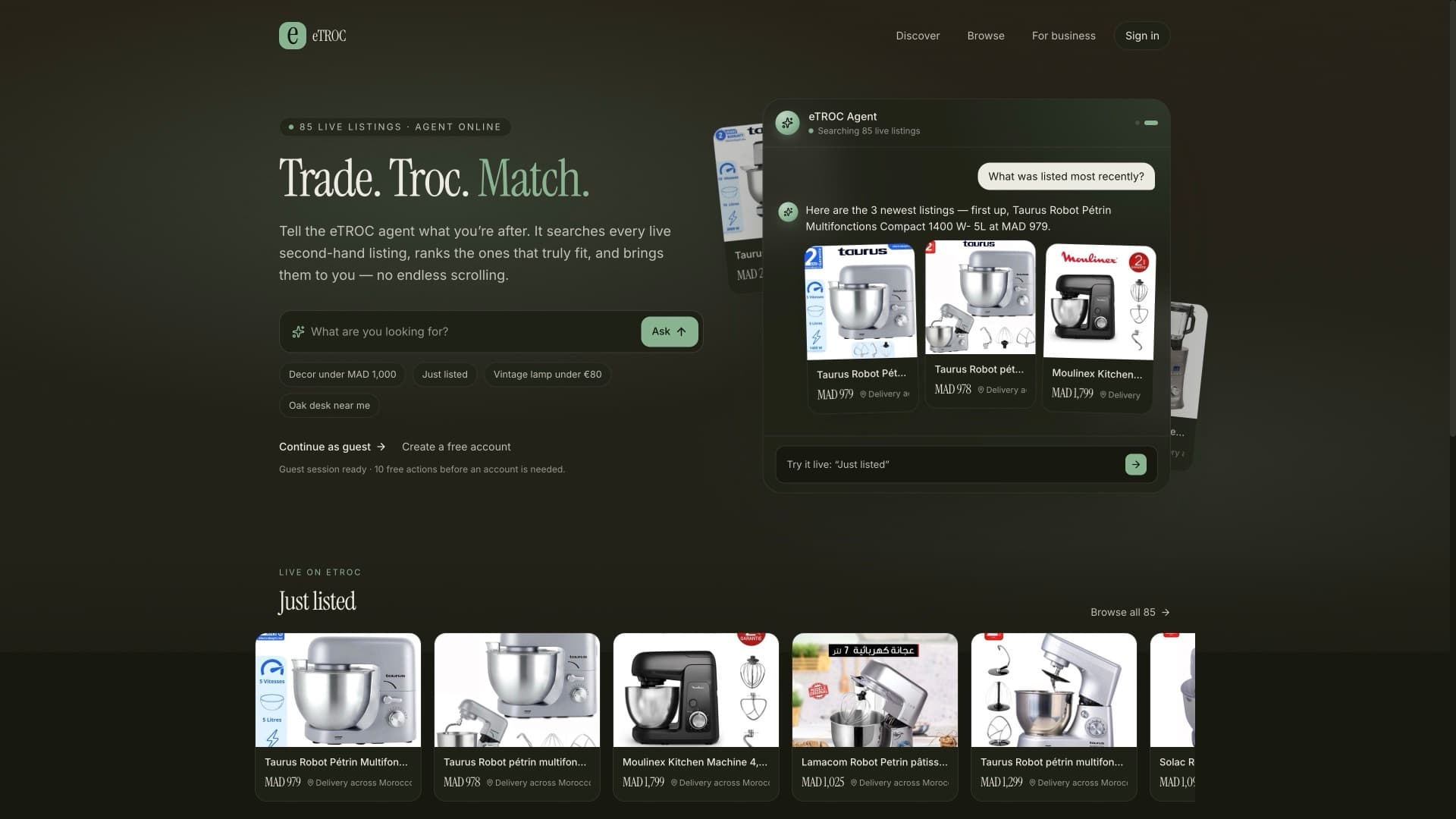 eTROC homepage with the AI agent answering a buyer request next to live listings